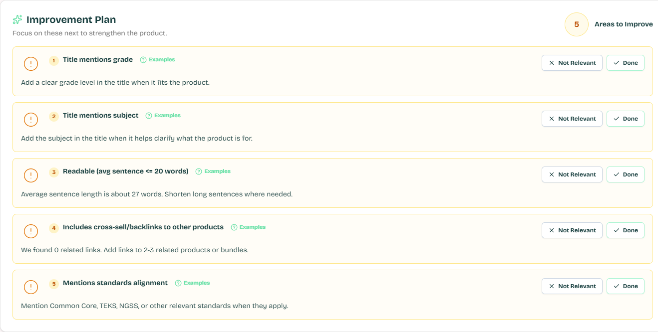 Product Analyzer Improvement Plan checklist showing areas to improve