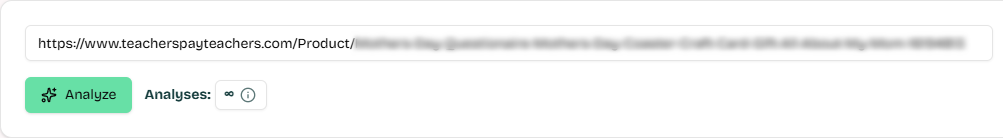 Product Analyzer input with a TPT product URL pasted and an Analyze button